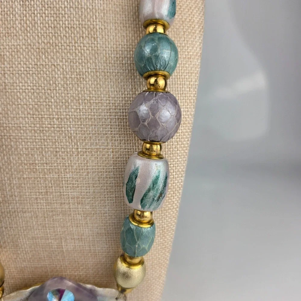Vintage 1990s Chunky Statement‎ Necklace Amethyst Stone Painted Beads Gold Tone